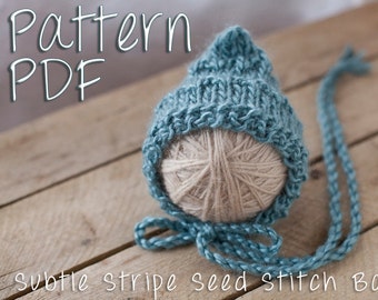 Subtle Stripe Seed Stitch Bonnet Pattern, PDF Knitting Pattern, Instant Download, Knit Baby Hat, Newborn Hat, knitted baby bonnet patterns