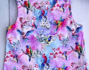 Rainbow Watercolor Australian Birds Romper: Cotton Lycra Harem Romper