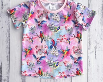 Aussie birds T-shirt- Rainbow Lorikeets, Galahs and Rosellas.