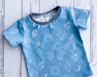 Blue Surf & Skate T-Shirt, Cotton Lycra, Handmade