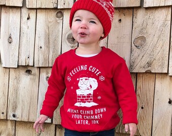 kids christmas sweatshirt feeling cute might climb down your chimney later idk i don't know funny youth toddler xmas holiday top santa claus