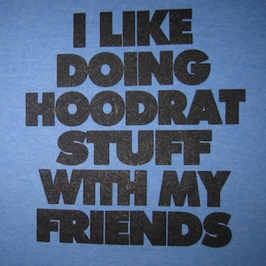May include: Light blue t-shirt with the phrase "I LIKE DOING HOODRAT STUFF WITH MY FRIENDS" printed in large, black, textured letters. The text is centered on the shirt.
