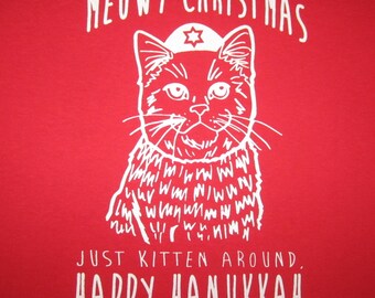 mens meowy christmas just kitten around happy hanukkah t shirt ugly sweater party xmas holiday humor graphic cat vintage meow awesome tee