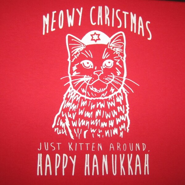 mens meowy christmas just kitten around happy hanukkah t shirt ugly sweater party xmas holiday humor graphic cat vintage meow awesome tee