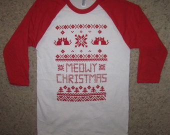 3/4 sleeve meowy christmas ugly sweater t shirt xmas raglan baseball cute holiday party contest winner awesome cat  kitten top tee fugly