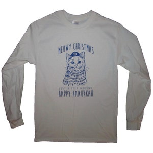 long sleeve t shirt meowy christmas just kitten around happy hanukkah cat top tee cute funny jewish mens womens holiday ugly sweater party