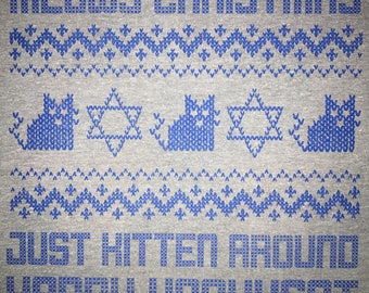 womens meowy christmas just kitten around happy hanukcat hanukkah ugly sweater party design t shirt tee top xmas holiday cute gift idea new