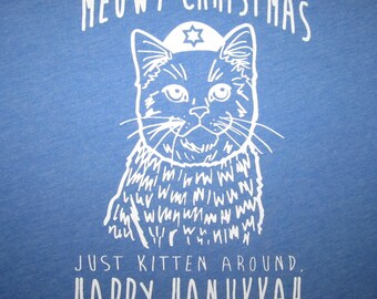 womens meowy christmas just kitten around happy hanukkah t shirt funny holiday ugly xmas holiday party sweater fugly cat kitten cute new tee