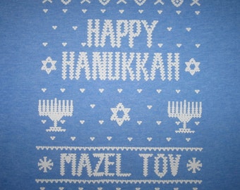 mens happy hanukkah t shirt ugly sweater party xmas holiday humor graphic vintage shalom mazel tov christmas cool menorah winner awesome tee