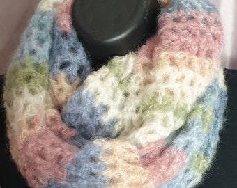 Mohair infinity scarf, blues and pink multicoloured circular scarf, gift for her, handmade scarf, hand crocheted infinity scarf