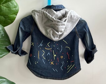 Upcycled baby hand embroidered denim jacket hoodie size 6-12months