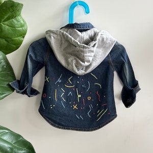 Upcycled baby hand embroidered denim jacket hoodie size 6-12months