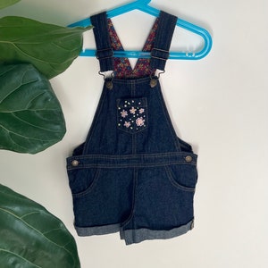Upcycled kids floral hand embroidered denim overalls size 2