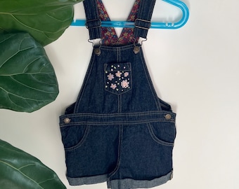 Upcycled kids floral hand embroidered denim overalls size 2