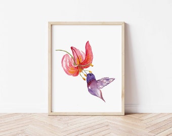 Humming Bird and Lily Flower Digital Print-Digital Print- Flower and Bird-Wall Decor-Print Watercolor