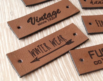 Custom made engraved leather labels, care labels, personalized real leather labels, labels for knitted products, label tags, set of 25