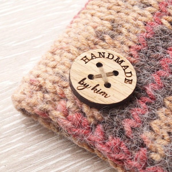 Wooden logo labels, wood garment tags, round button like personalized label tags, set of 25 pc