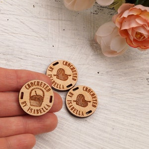 Round wooden tags for handmade products, custom clothing tags, crochet tags, knitting tags, personalized wood labels, set of 25 pc