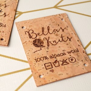 Cork leather labels, personalized knitting, crochet labels with material and care instructions, custom logo labels, branding tags, set of 25