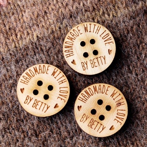 Wooden busttons, custom made wood buttons, engraved buttons with your text or logo, wooden tags for knitted or crochet products, set of 25