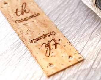 Center fold cork leather labels, personalized fold over labels, custom logo labels, leather branding tags, knitting labels, set of 25