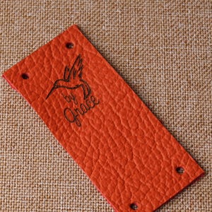 Personalized center fold leather labels, custom folding labels, folding logo labels, leather tags, labels for knitted products, set of 25