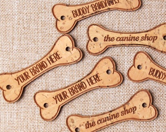 Vegan cork leather labels, custom bone shaped labels for dog bandanas, custom clothing labels, cork leather tags, custom shapes available