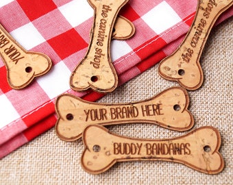 Vegan cork leather labels, custom bone shaped labels for dog bandanas, custom clothing labels, cork leather tags, custom shapes available
