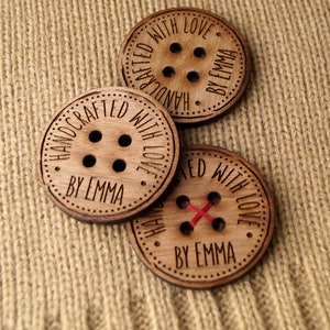 Product labels, personalized wooden buttons for knitted and crocheted items, buttons for handmade items, custom wooden buttons, set of 25