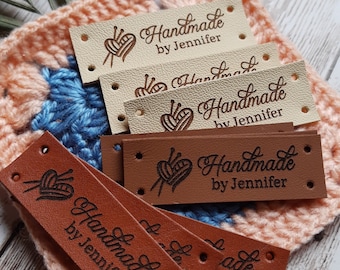 Labels for knitted items, personalized leather tags for crochet, custom clothing label, sew on labels, tags for handmade items, set of 25 pc