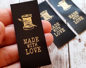 Black satin labels with gold or silver print, care labels, custom clothing labels, personalized textile labels logo text care instructions