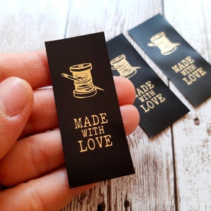Schwarze Satinetiketten mit Gold- oder Silberdruck, individuelle Kleidungsetiketten, Etiketten für handgefertigte Artikel, Pflegeetiketten, personalisierte Logoetiketten