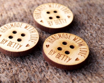 Wooden busttons, custom made wood buttons, engraved buttons with your text or logo, wooden tags for knitted or crochet products, set of 25