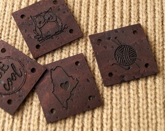 Vegan leather labels, custom clothing tags, vegan cork leather labels, knitting labels, logo branding tags, garment labels, set of 25 pc