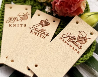 Leather labels for handmade products - genuine leather tags for knitting, crochet and sewing - personalized with your text, image or logo