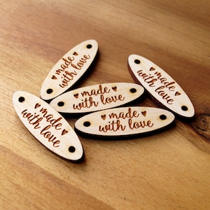 Custom garment labels, knitting labels, wooden labels, wooden logo tags, crochet labels, engraved real wood tags, set of 25 pc