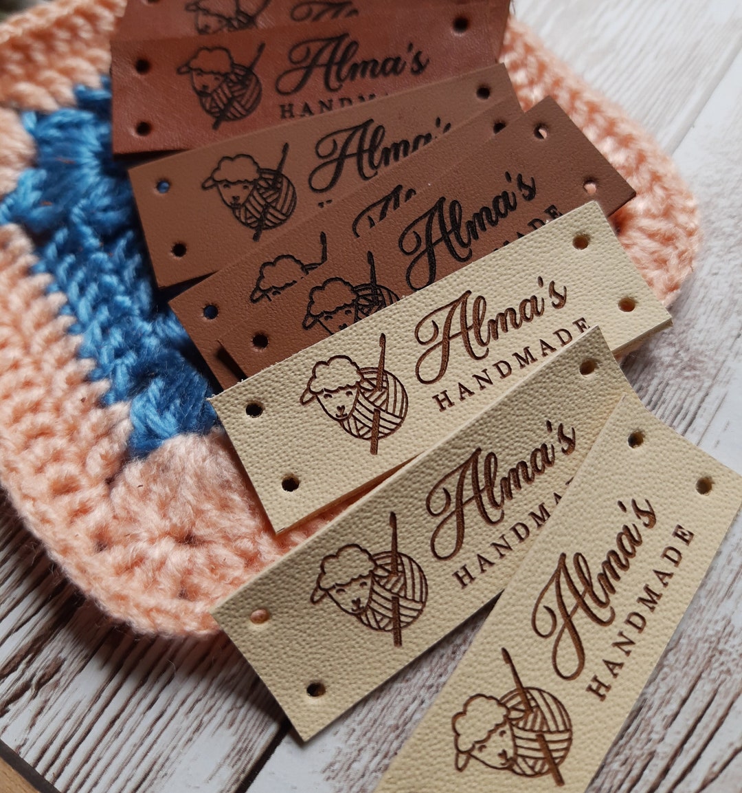 Product tags, knitting labels, labels for handmade items, leather labels  for crochet, center fold labels, folding tags, set of 25 pc