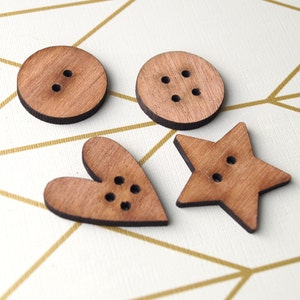 Wooden buttons in round, heart or star shape, solid wood buttons, mahogany wooden button for crochet and knitted products, wooden supplies