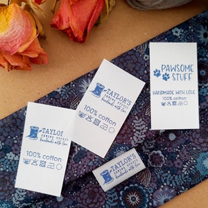 Satin labels 100 pc, foldable sewing labels, custom clothing labels, labels for handmade items with logo and care instructions, sew on tags