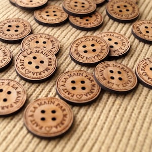 Product labels, personalized wooden buttons, custom made buttons, buttons for handmade items, knitting buttons, crochet buttons, set of 25