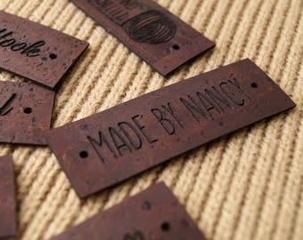 Custom clothing labels, cork leather labels, leather tags, clothing labels, knitting labels, tags for handmade items, vegan leather tags, 25