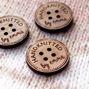 Personalized wooden buttons for knitting or crochet products, laser engraved custom buttons, wooden labels, logo tags, set of 25 pc