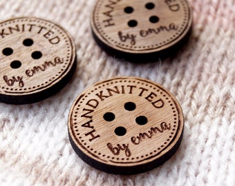 Personalized wooden buttons for knitting or crochet products, laser engraved custom buttons, wooden labels, logo tags, set of 25 pc