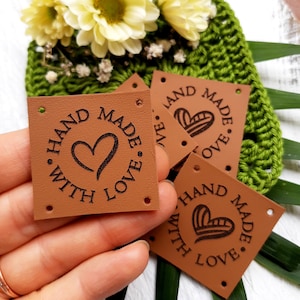 Leather tags for handmade products, genuine leather labels for knitting crochet sewing, personalized clothing labels, logo tags, set of 25pc