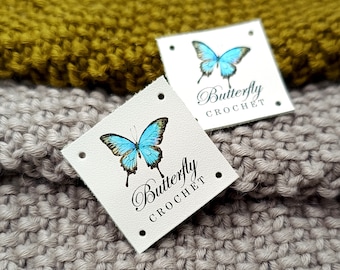 Tags for handmade items, leather labels with color print, personalized tags for knittig crochet, sew on logo labels, product tags, 25 pc