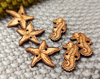 Starfish and seahorse buttons, wooden buttons for handmade products, real wood buttons, set of 20 pc