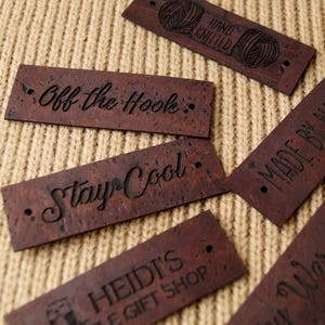 Clothing labels, custom vegan cork leather labels, custom garment tags, logo branding labels, knitting labels, crochet labels, personalized