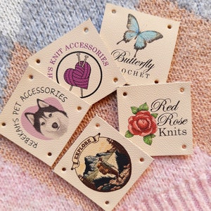 Leather labels for handmade items - personalized leather tags for knitting crochet sewing - color printed genuine leather labels - 25 pc