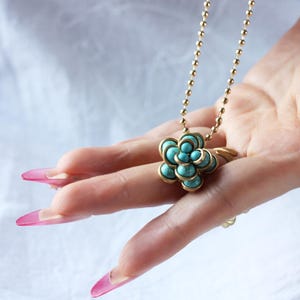 Vintage Turquoise Flower Pendant Necklace: 18k Gold Plated Statement Jewelry