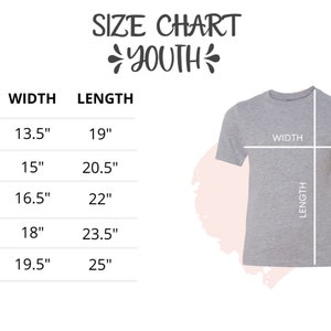Puede incluir: Tabla de tallas para una camiseta para ni&ntilde;os con medidas en pulgadas para el ancho y la longitud. La tabla muestra las tallas XS, S, M, L y XL.